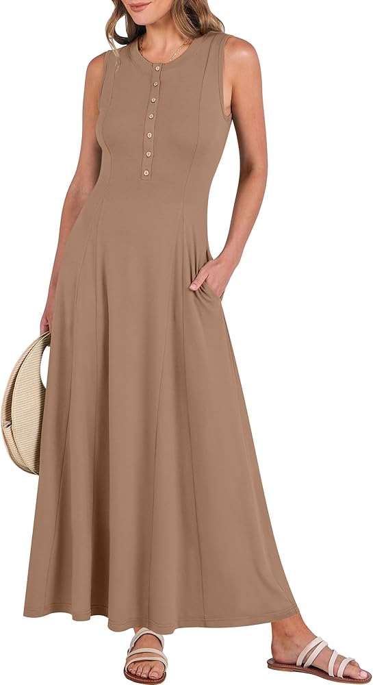 ANRABESS Women Summer Casual Sleeveless Maxi Sundress Button Fit & Flare A-Line Flowy Long Dresses 2024 Beach Outfits