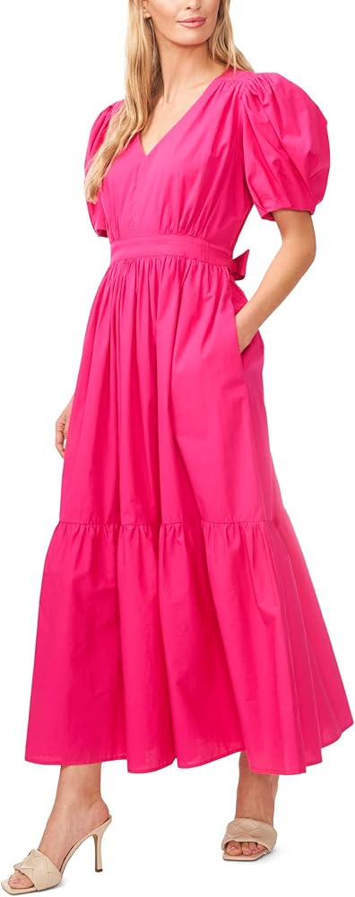 CeCe Women's Cotton Poplin Short Puff Sleeve Maxi Dress