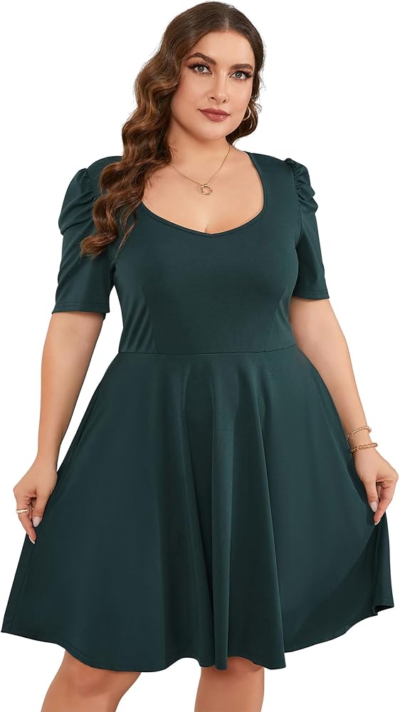 Women Plus Size V Neck Midi Dress Puff Short Sleeve High Waisted Flowy Cocktail Party Dress with Pockets