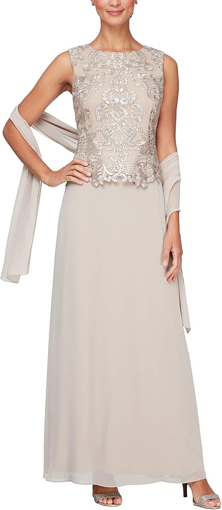 Alex Evenings Women's Long Embroidered Sleeveless Mock Dress with Shawl