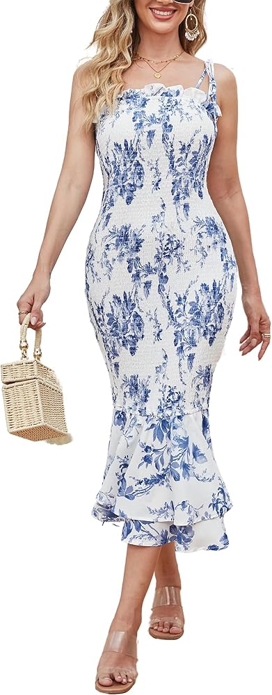 GRACE KARIN Women's 2024 Maternity Summer Floral Smocked Sundress Midi Bodycon Sleeveless Ruffle Hem Casual Dress