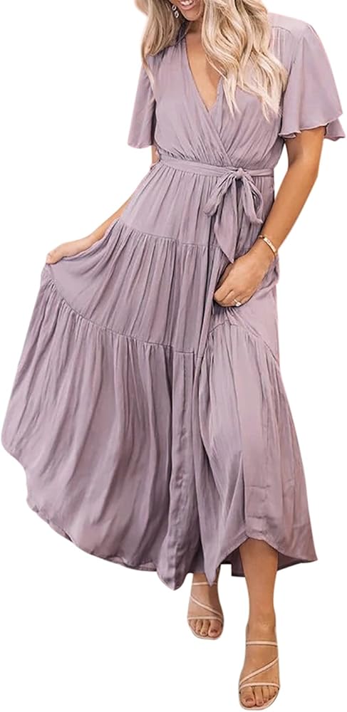 R.Vivimos Summer Dress for Women Cotton Ruffle Short Sleeves V Neck Casual Flowy Midi Dress with Belt