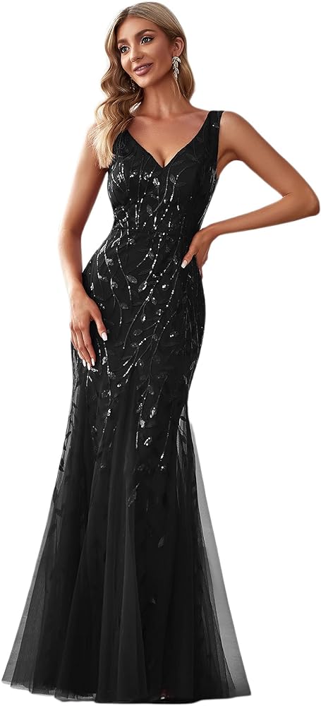 Ever-Pretty Women's Formal Dress Sequin Double V-Neck Sleeveless Mermaid Long Evening Dress 07886