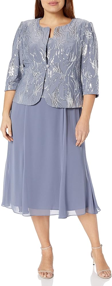 Alex Evenings Women's Size Tea Length Button-Front Jacket Dress, Steel Blue Plus, 18 Plus