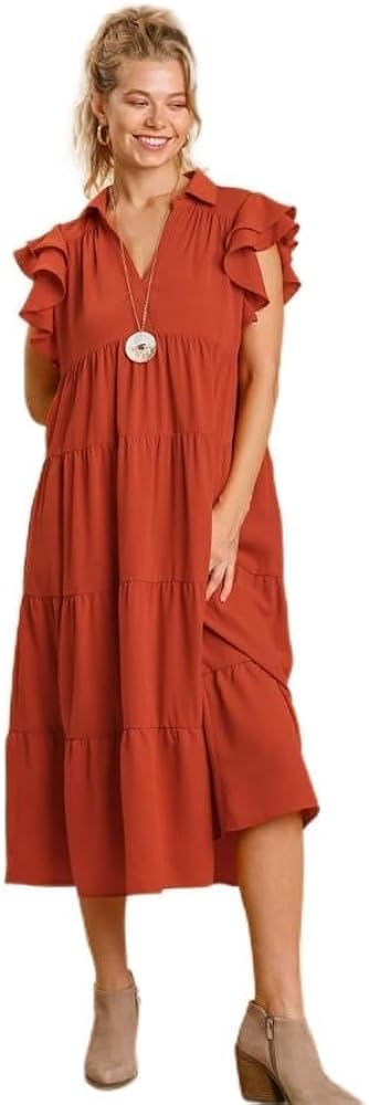 Umgee Collar Split Neck Short Ruffle Sleeves Tiered Midi Dress with No Lining