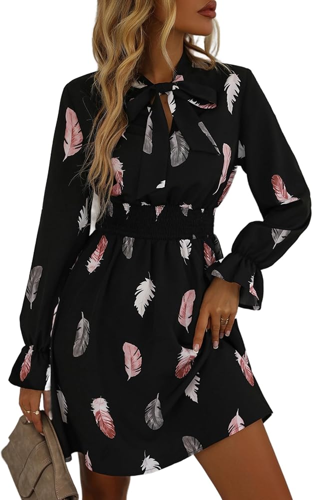 MakeMeChic Women's Tie Neck Flounce Long Sleeve Feather Print High Waist A Line Short Dress