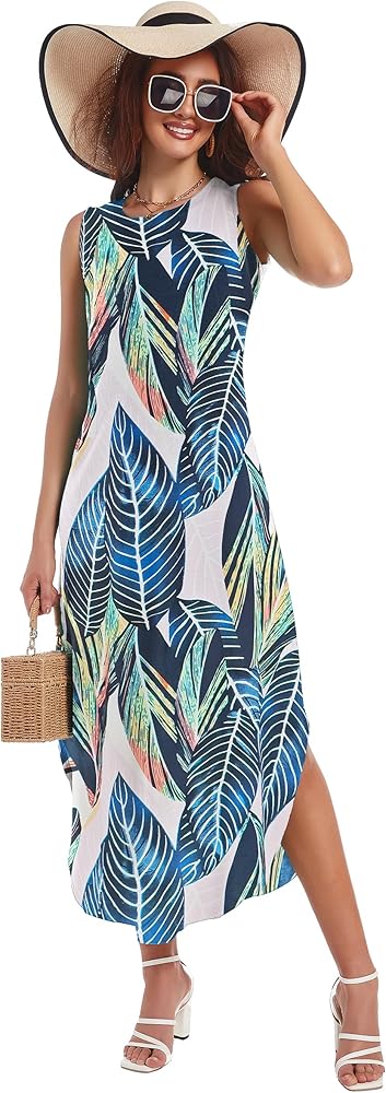 Women Casual Loose Summer Sundress Sleeveless Split Maxi Long Beach Shirt Dress with Pockets