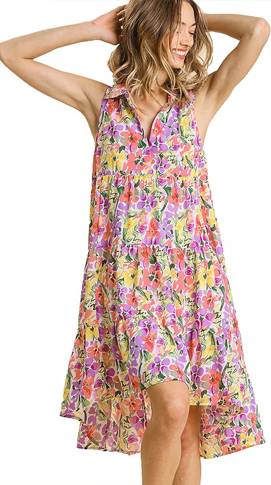 Umgee Womens Floral Print Sleeveless Tiered Midi Dress with High Low Hem