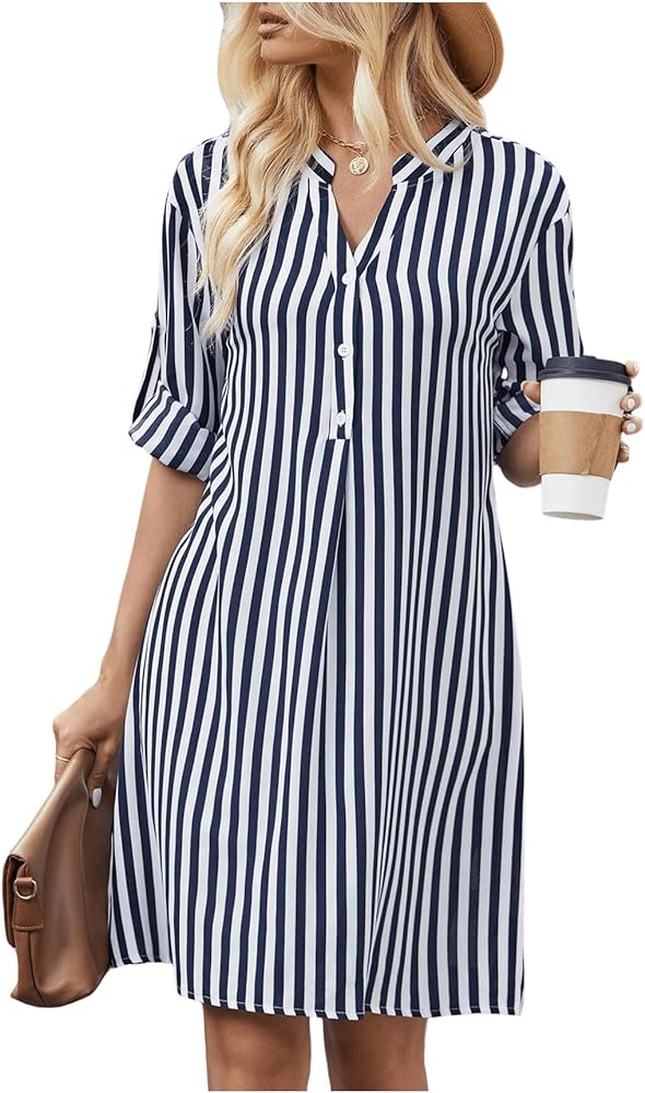 SOLY HUX Women's Striped Print Half Button Tunic Dress Notched Loose Long Sleeve Dresses Blue and White Large