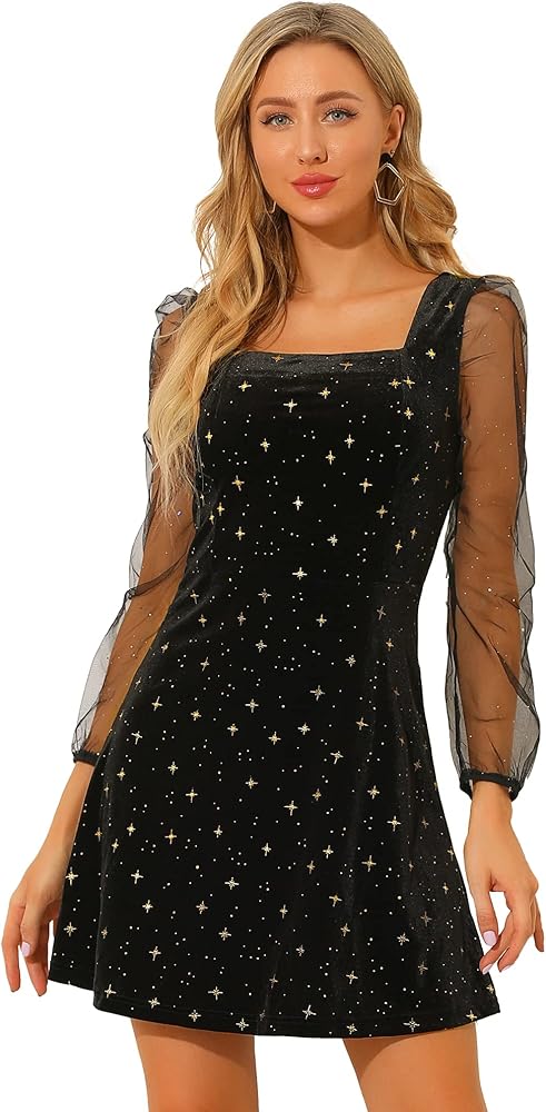 Allegra K Women's Mesh Sheer Sleeve Sparkly Party Glitter Star Metallic Velvet Dress