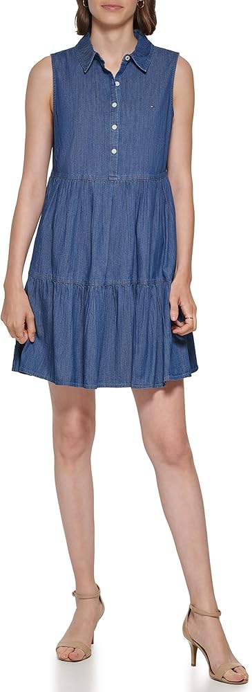 Tommy Hilfiger Women's Sleeveless Tiered Chambray Dress, Medium Benson