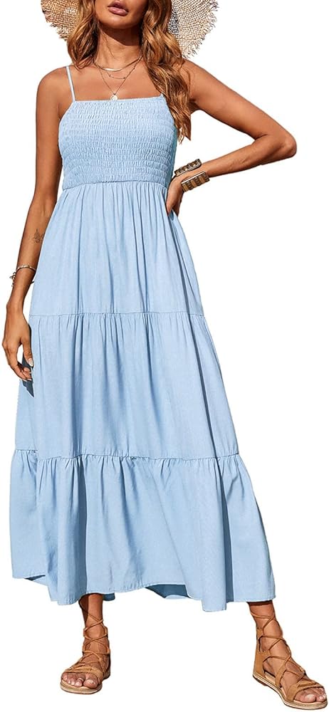 PRETTYGARDEN Women's Summer Maxi Dress Casual Boho Sleeveless Spaghetti Strap Smocked Tiered Long Beach Sun Dresses