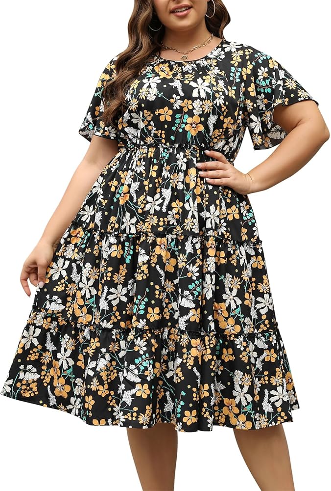 Nemidor Womens Casual Plus Size Short Sleeve Layered Swing Summer Midi Dress with Pocket NEM527