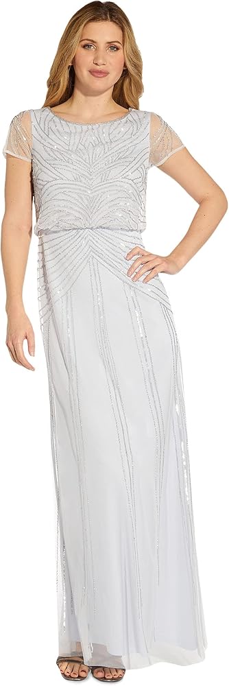 Adrianna Papell Women's Beaded Blouson Long Dress, Serenity, 12