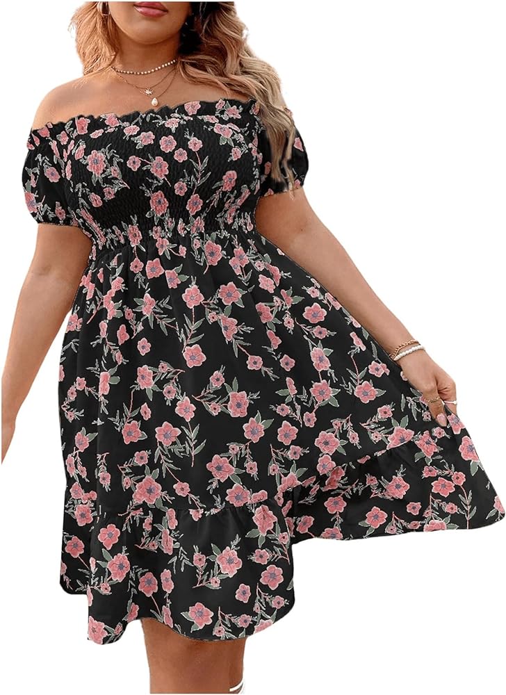 Floerns Women's Plus Size Ruffle Off Shoulder Floral Print Short Summer Dress