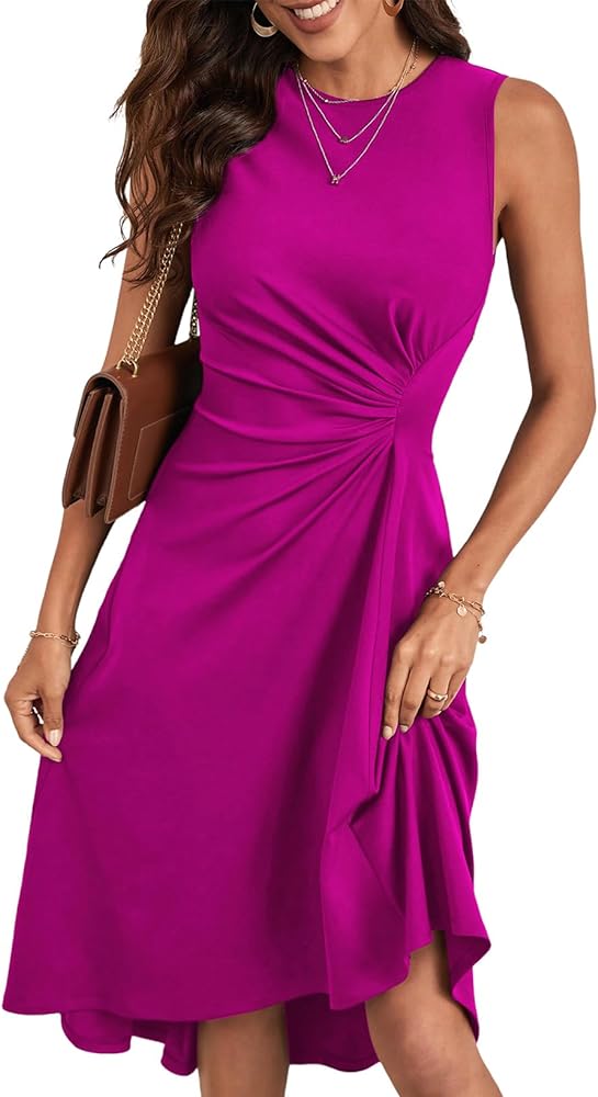 Happy Sailed Women's Summer Sleeveless Ruched Waist Flowy A Line High Low Midi Cocktail Party Dress