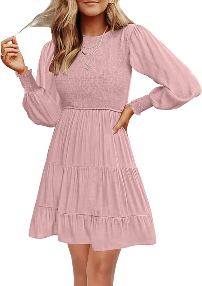 MEROKEETY Women's 2024 Casual Long Sleeve Smocked Crew Neck Elastic Waist Flowy Tiered Mini Dress