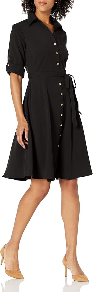 Sharagano Women's Button Front Pleated Shirt Casual Dress, Very Black, 8