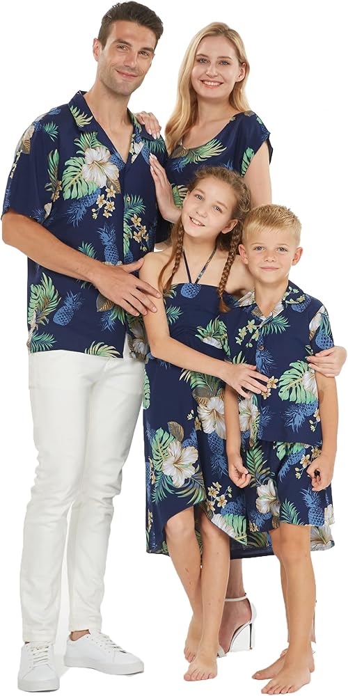 Matchable Family Hawaiian Luau Men Women Girl Boy Clothes in Pineapple Garden Navy