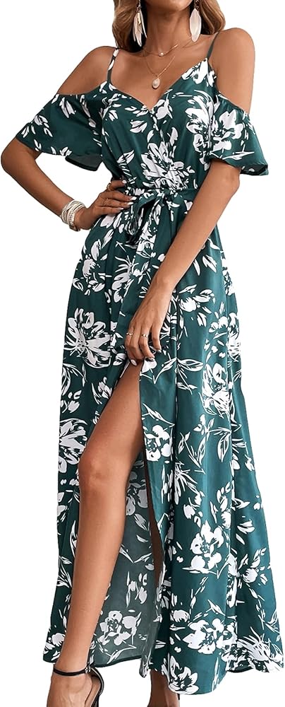 MakeMeChic Women's Floral Maxi Dress Cold Shoulder Split Thigh Belted A Line Long Summer Dress