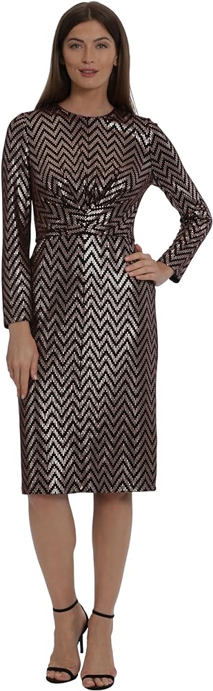 Maggy London Women's Long Sleeve Sparkle Knit Gathered Midi Dress Holiday Occasion Party