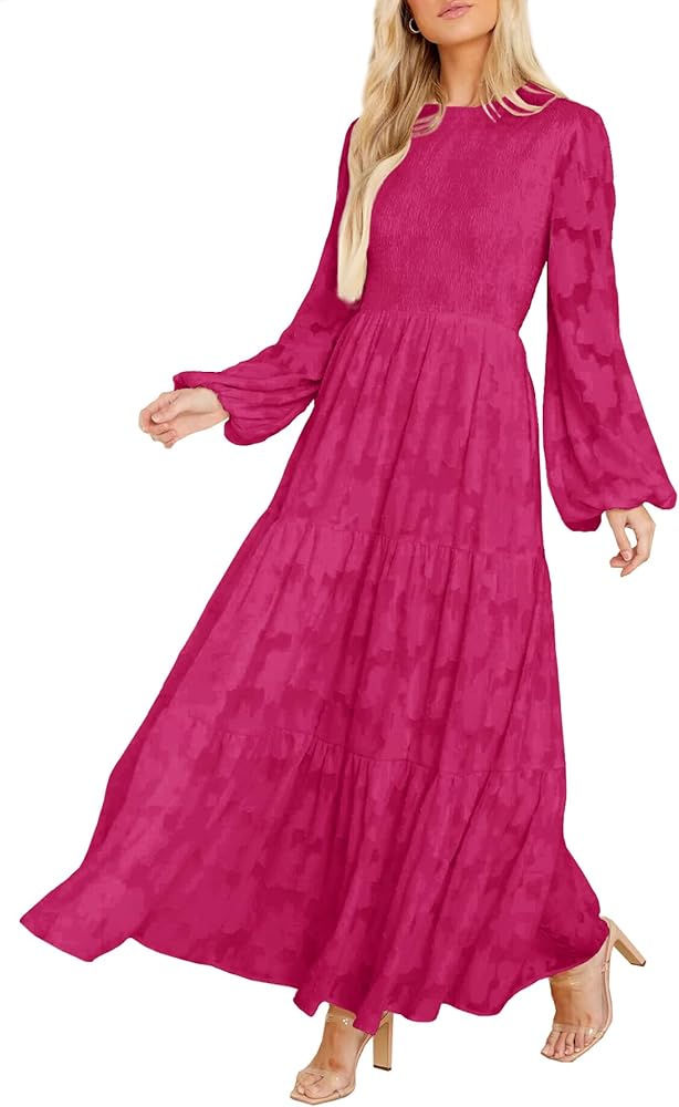 MITILLY Women's Elegant Floral Long Sleeve Round Neck Smocked A-Line Flowy Tiered Maxi Dress with Pockets