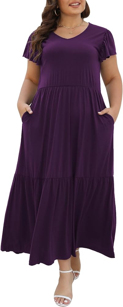 Celkuser Women's Plus Size Casual Summer Maxi Dress - Ruffle Sleeve Crew Neck Flowy Tiered with Elastic Waist and Pockets CEL162