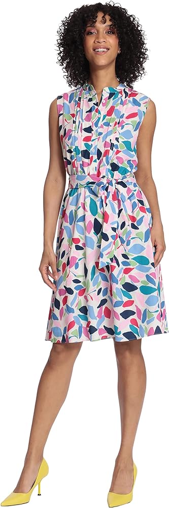 Maggy London Women's Leaf Printed Sleeveless Shirt Dress with Pleated Bodice and Waist Tie