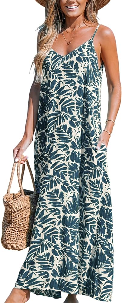 CUPSHE Women's V Neck Beach Maxi Dress Spaghetti Straps Sleeveless Flowing Summer Dresses with Pockets