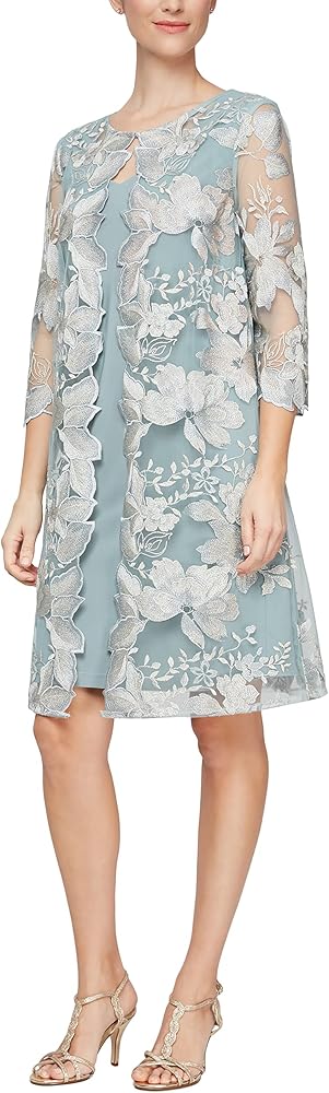 Alex Evenings Women's Short Embroidered Elongated Mock Jacket Dress