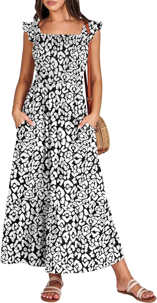 ANRABESS Womens Square Neck Maxi Dress Ruffle Sleeveless Smocked Casual Summer Beach Sundress with Pockets