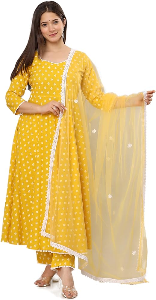 Women's Cotton Anarkali Kurta with Pants and Dupatta