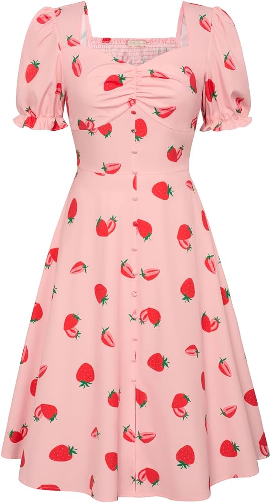 Belle Poque 2024 Summer Puff Short Sleeve Midi Dress for Women 1950s Vintage Swing Floral Dresses