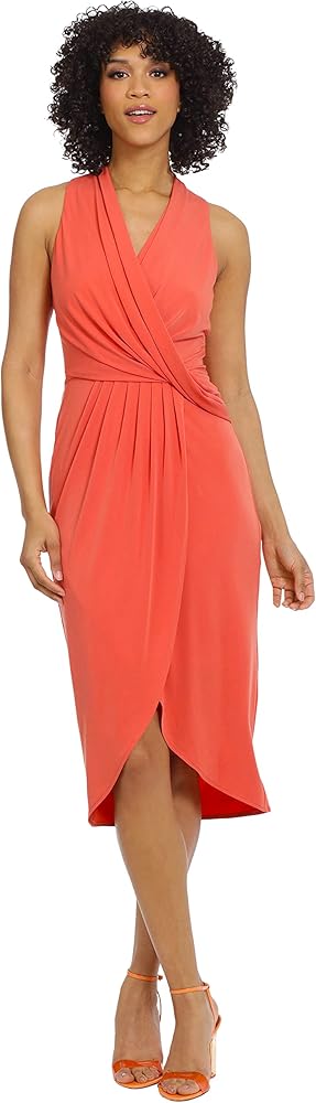 Maggy London Women's Sleek and Sophisticated Draped Bodice Wrap Look High Low Sheath Dress