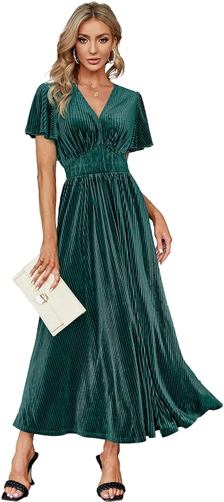 Simplee Women’s V Neck Velvet Maxi Dress Short Sleeve Empire Waist Long Formal Dress for Wedding Guest