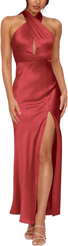 Women's Halter Satin Dress Crisscross Sleeveless Midi Cocktail Party Dress Backless Split Formal Evening Dresses