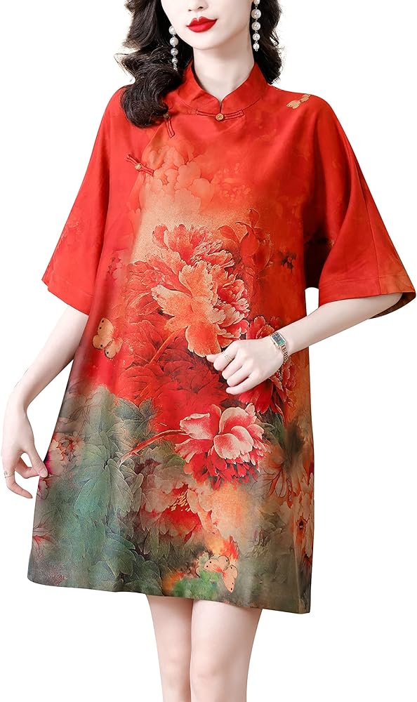 Vintage Women's Silk satin Cheongsam Elegant High Neck Casual Loose Comfortable Mini Dress