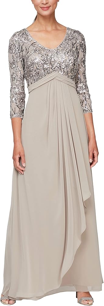 Alex Evenings Women's Long Lace Top Empire Waist Dress, Mink, 10