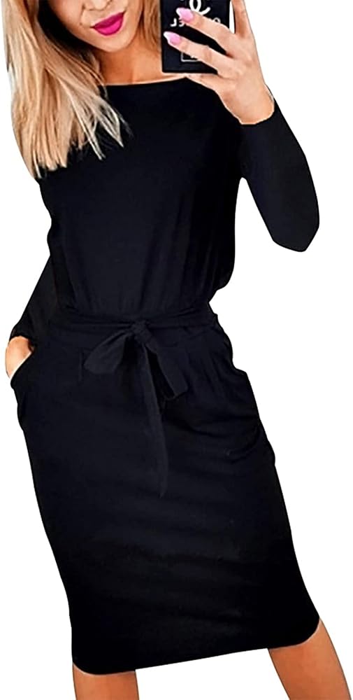 PRETTYGARDEN Women's Fashion Casual Long Sleeve Belted Party Bodycon Sheath Pencil Dress