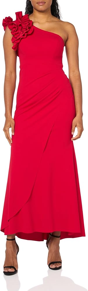 Xscape Women's Long One Shoulder Ruffle Scuba Crepe Dress (Standard & Petite)