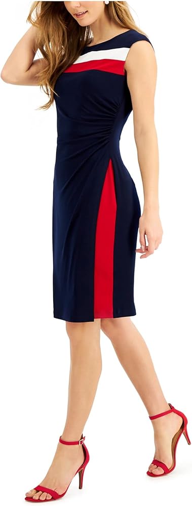 Connected APPAREL Womens Navy Stretch Ruched Color Block Cap Sleeve Scoop Neck above The Knee Party Fit + Flare Dress 8