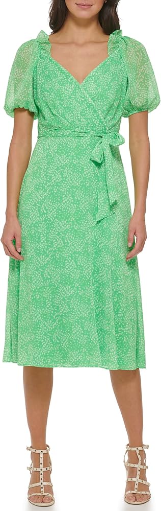 DKNY Women's Chiffon 3/4 Balloon Sleeve V-neck Tie Waist Faux Wrap Midi Dress