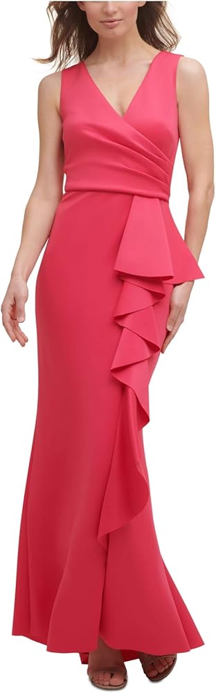 Jessica Howard Women's Sleeveless Side Tuck Gown with Cascade Ruffle Peplum Skirt