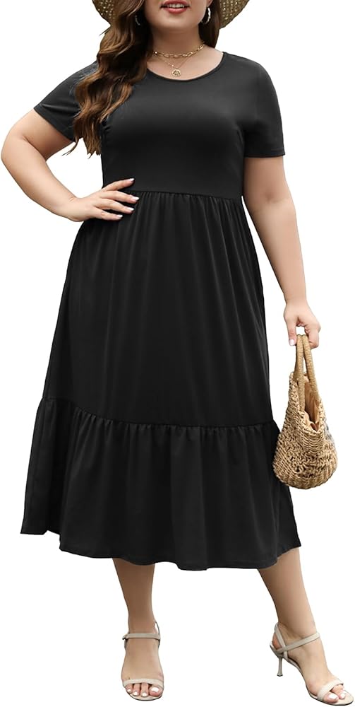 Plus Size Casual Loose Dresses for Curvy Women 2024 Summer Short Sleeve Shift Flowy Midi Dress with Pockets