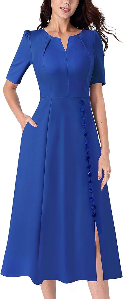 VFSHOW Women Pleated Notch V Neck Pockets Buttons Work Office Business A-Line Midi Dress