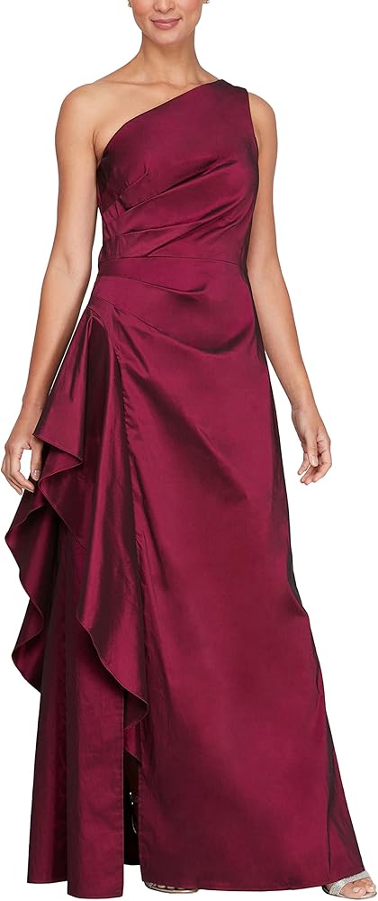 Alex Evenings Women's Long One Shoulder Stretch Taffeta Dress with Cascade Ruffle