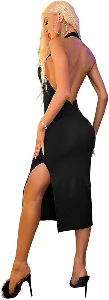 GORGLITTER Women's Sexy Split Backless Bodycon Midi Dress Halter Neck Solid Dresses