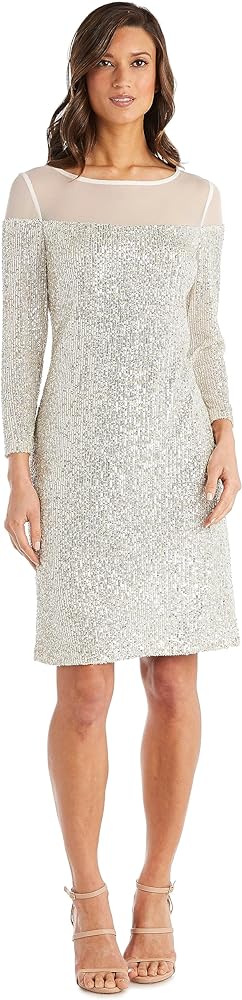 R&M Richards Women's Sequin Long Sleeve Knee-Length Evening Dress