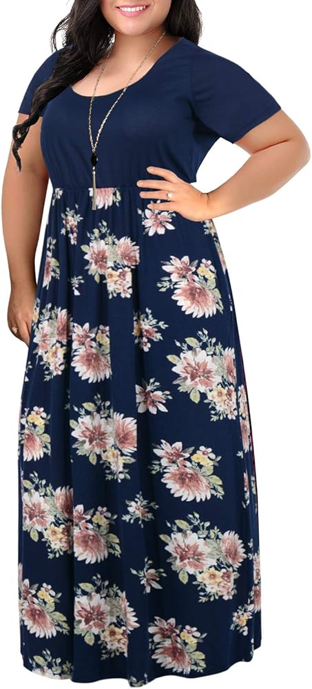 Nemidor Women's Chevron Print Summer Short Sleeve Plus Size Casual Maxi Dress