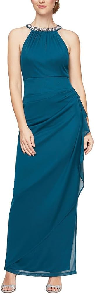 Alex Evenings Women's Long Formal Stretch Mesh Beaded Halter Neck Dress